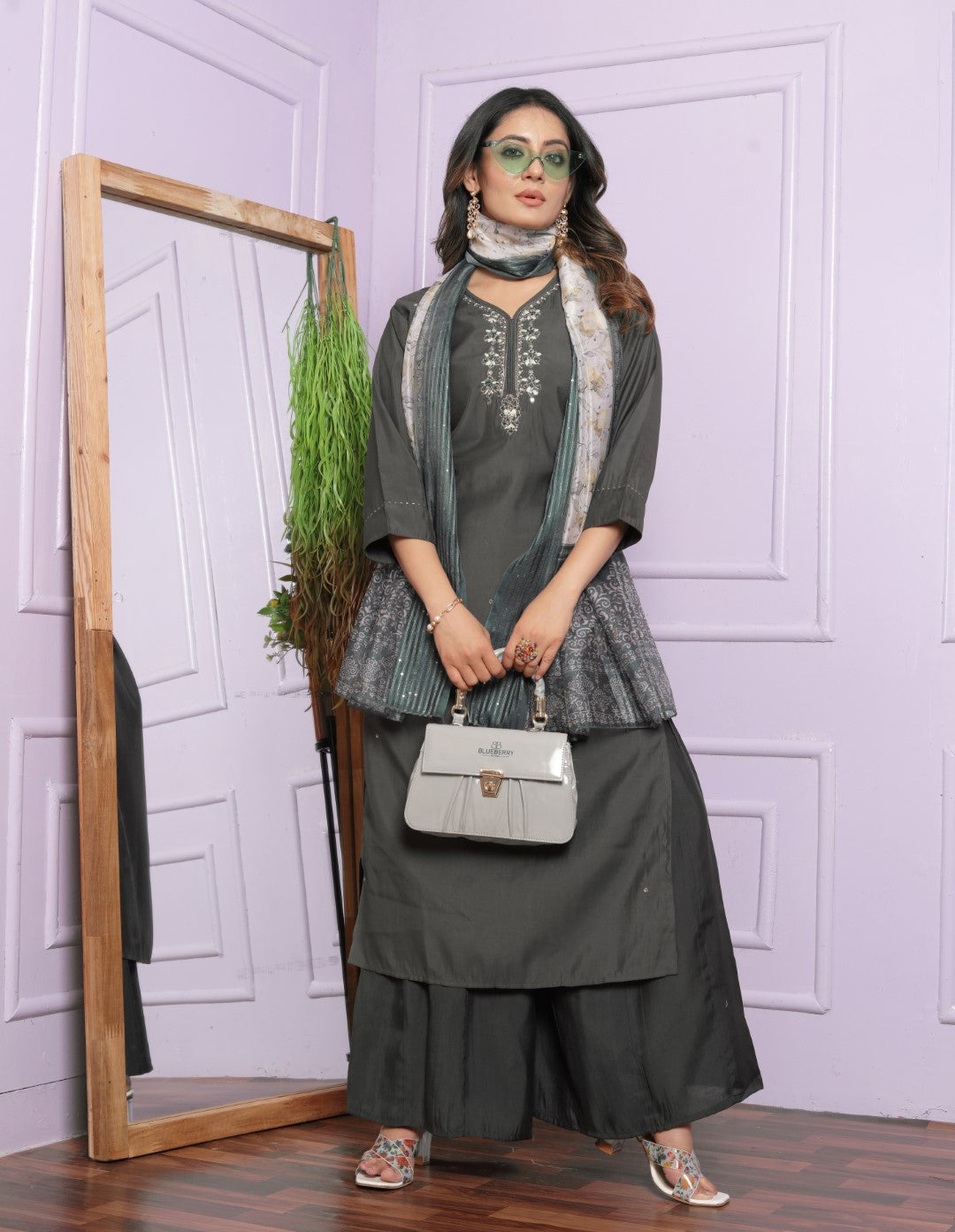 Unique Roman Silk Grey Color Fancy Neck Kurti With Plazzo