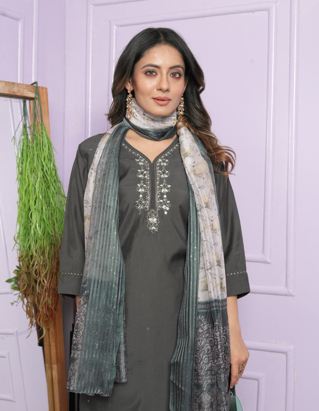 Unique Roman Silk Grey Color Fancy Neck Kurti With Plazzo