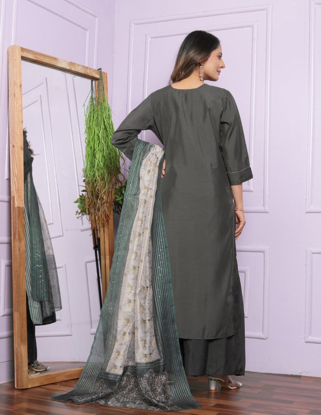 Unique Roman Silk Grey Color Fancy Neck Kurti With Plazzo