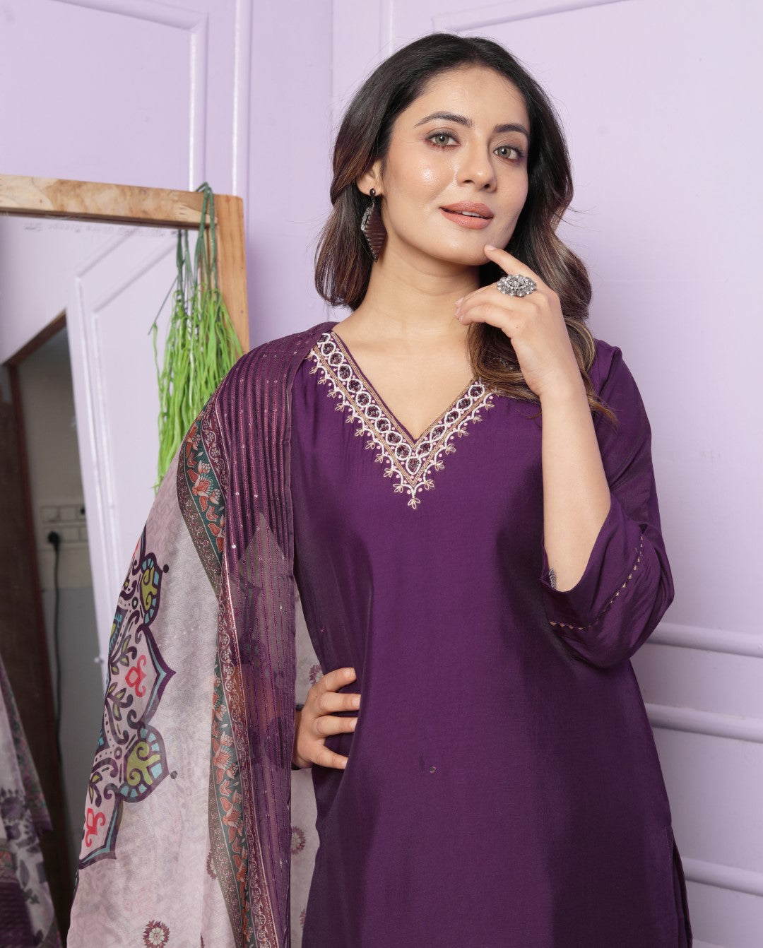 Decent Roman Silk Wine Color Kurti With Divider Plazzo