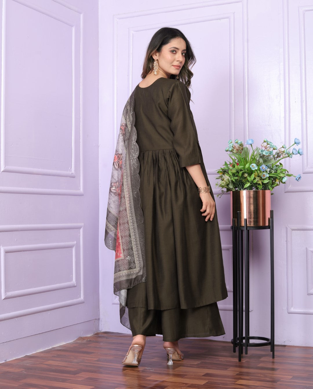 Graceful Viscose Slub Angarkha Neck Brown Color Kurti With Plazzo