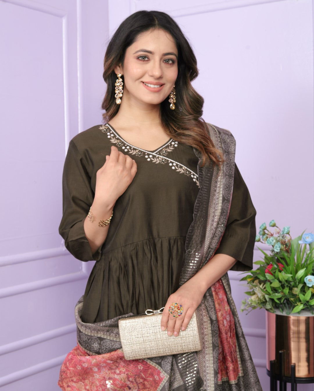 Graceful Viscose Slub Angarkha Neck Brown Color Kurti With Plazzo