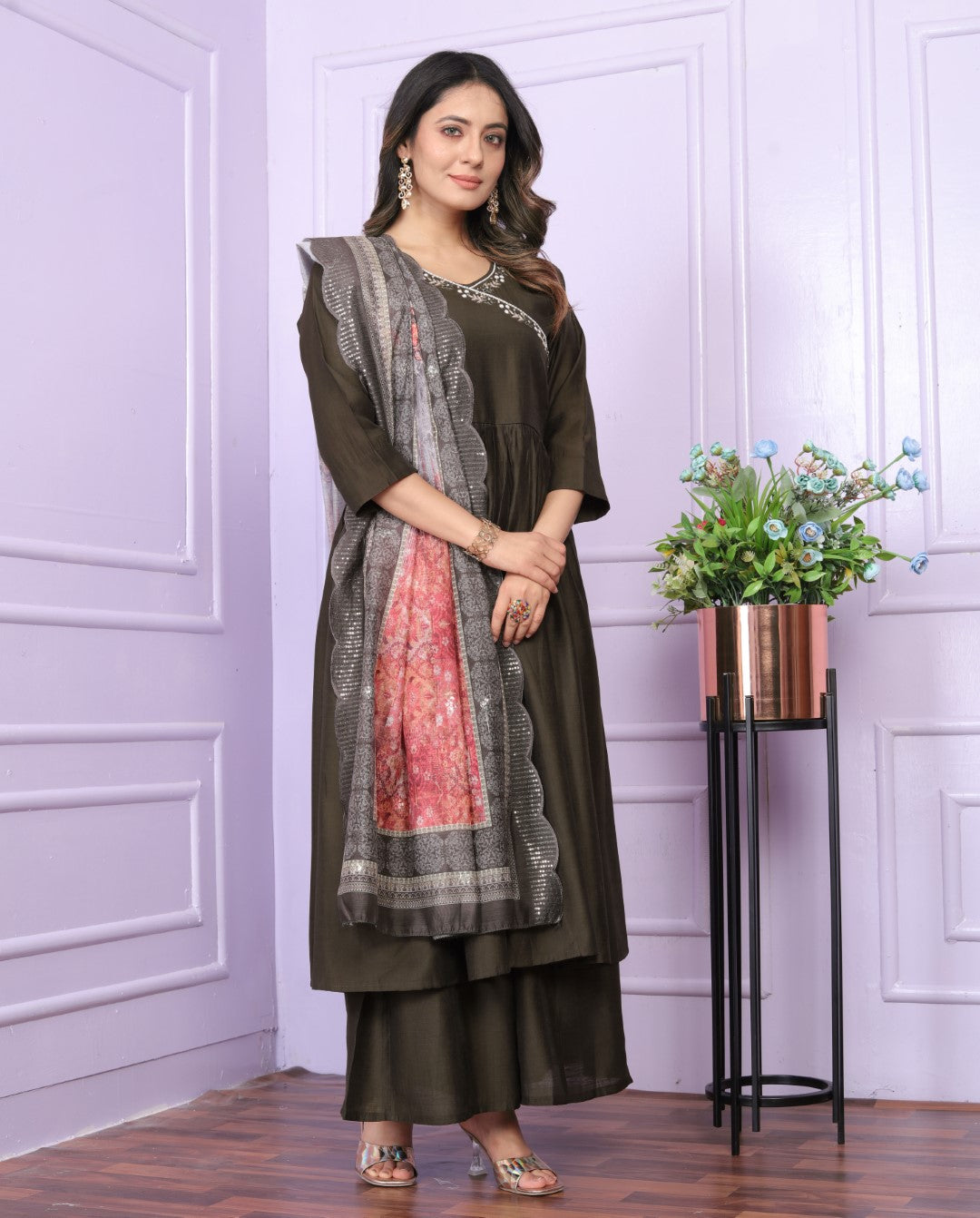 Graceful Viscose Slub Angarkha Neck Brown Color Kurti With Plazzo