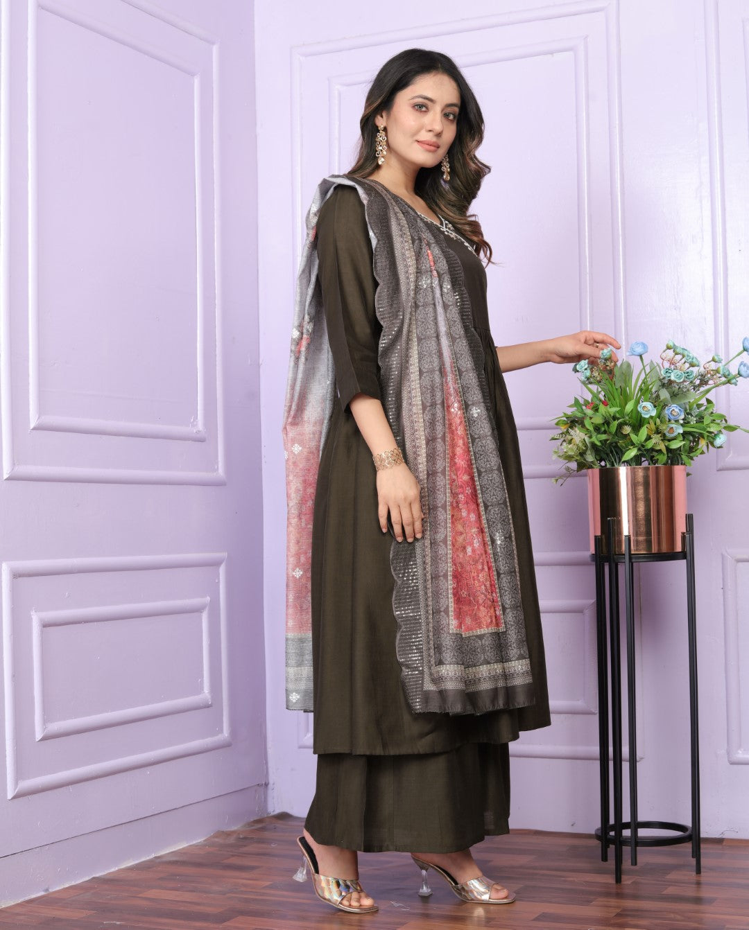 Graceful Viscose Slub Angarkha Neck Brown Color Kurti With Plazzo