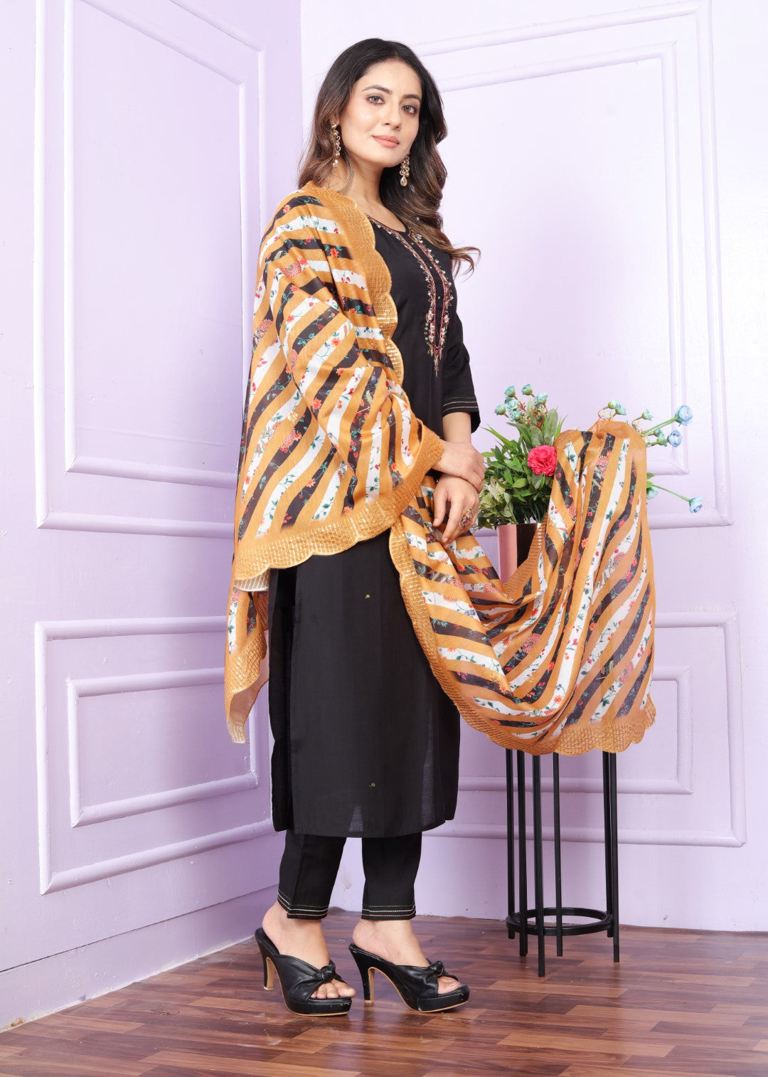 Opulent Black Color Roman Silk Salwar Kurta Set