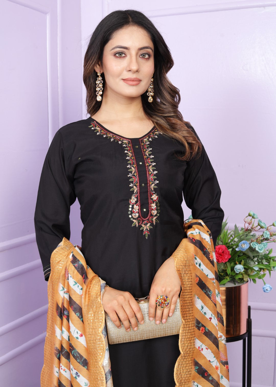 Opulent Black Color Roman Silk Salwar Kurta Set