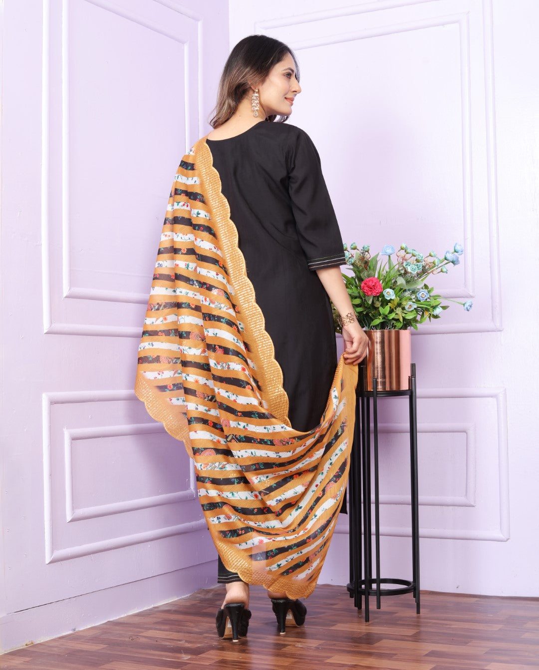 Opulent Black Color Roman Silk Salwar Kurta Set