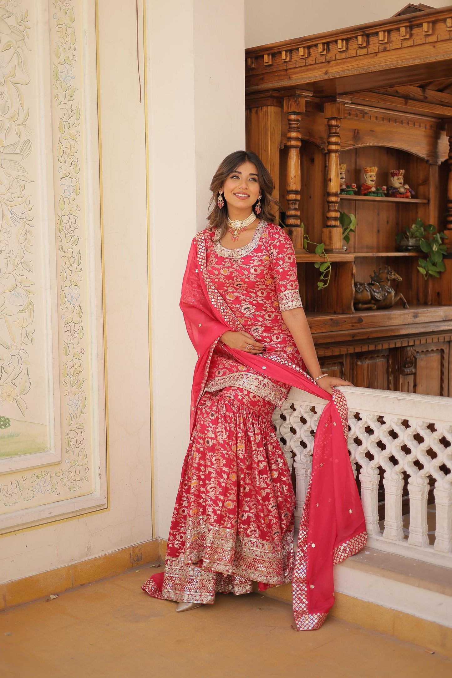 Function Wear Jacquerd Pink, Cream & Purple Color Sharara Suit