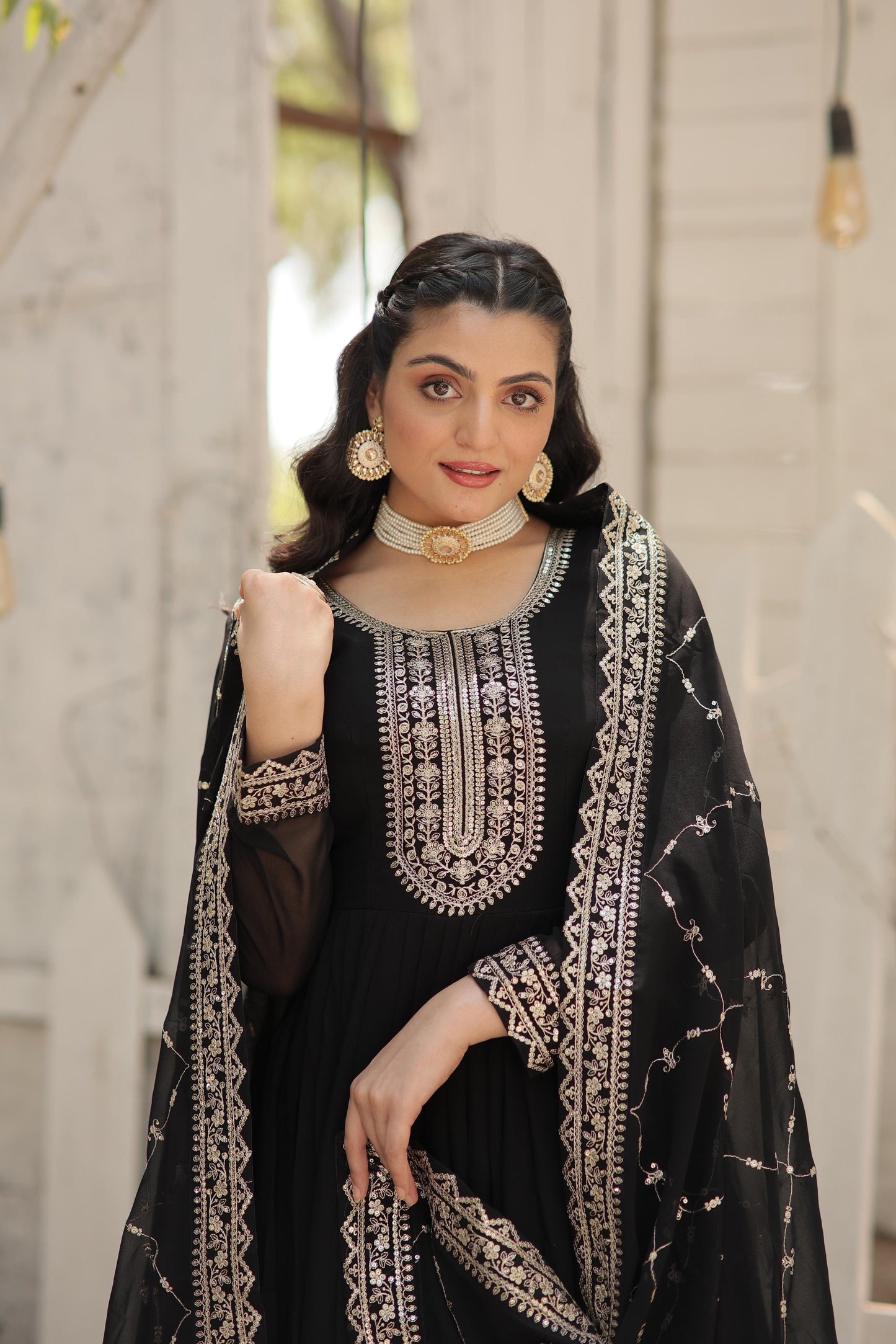 Ravishing Embroidered Work Black & Purple Color Gown