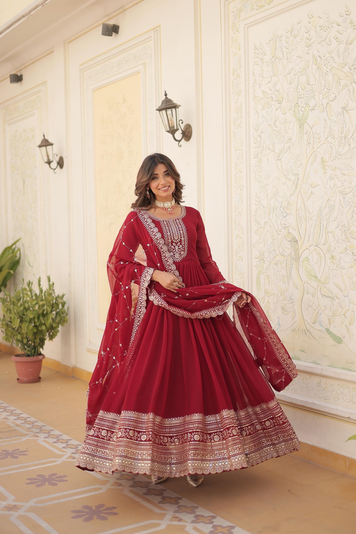 Ravishing Embroidered Work Maroon, Wine & Pink Color Gown