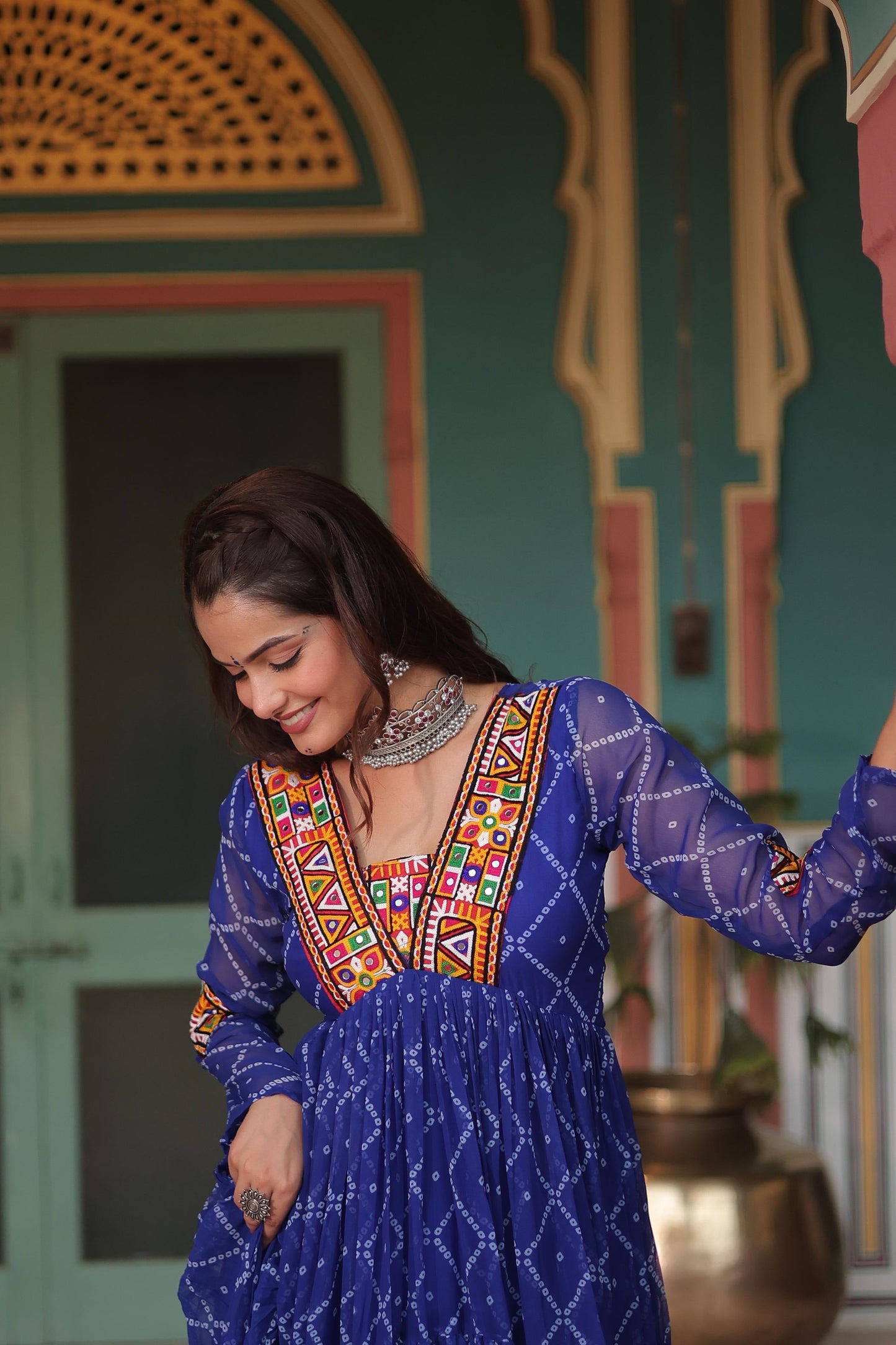 Festive Wear Bandhani Print Work Blue, Orange And Purple Color Gown