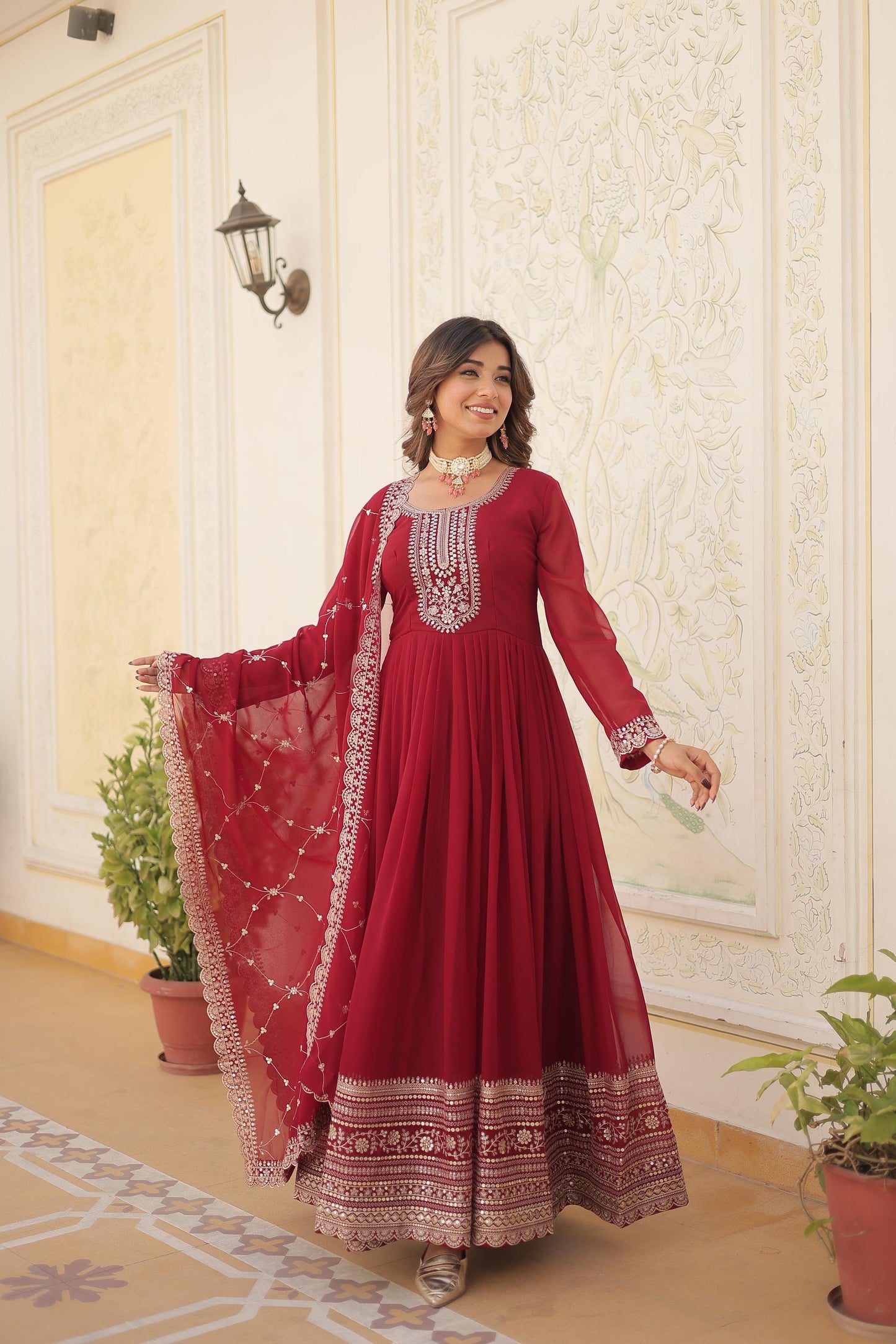 Ravishing Embroidered Work Maroon, Wine & Pink Color Gown