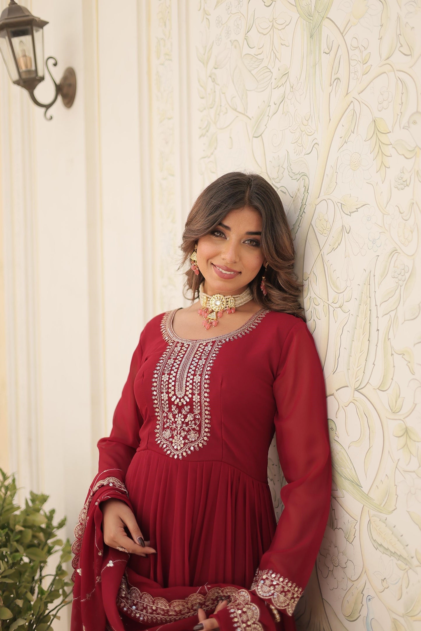 Ravishing Embroidered Work Maroon, Wine & Pink Color Gown