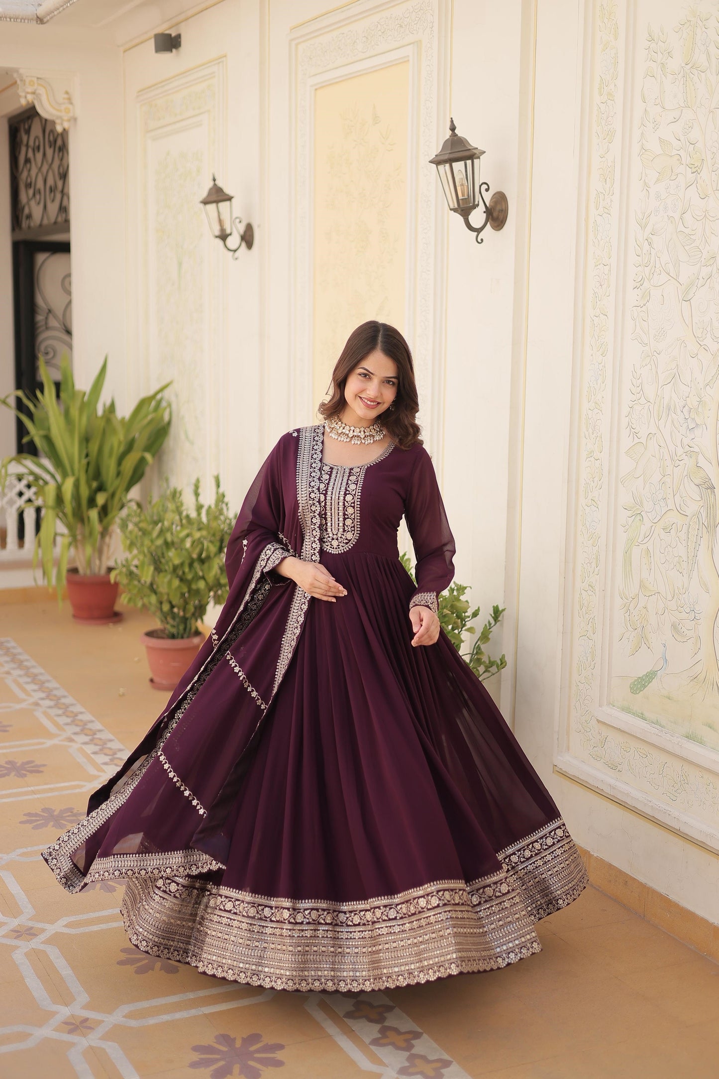Ravishing Embroidered Work Maroon, Wine & Pink Color Gown