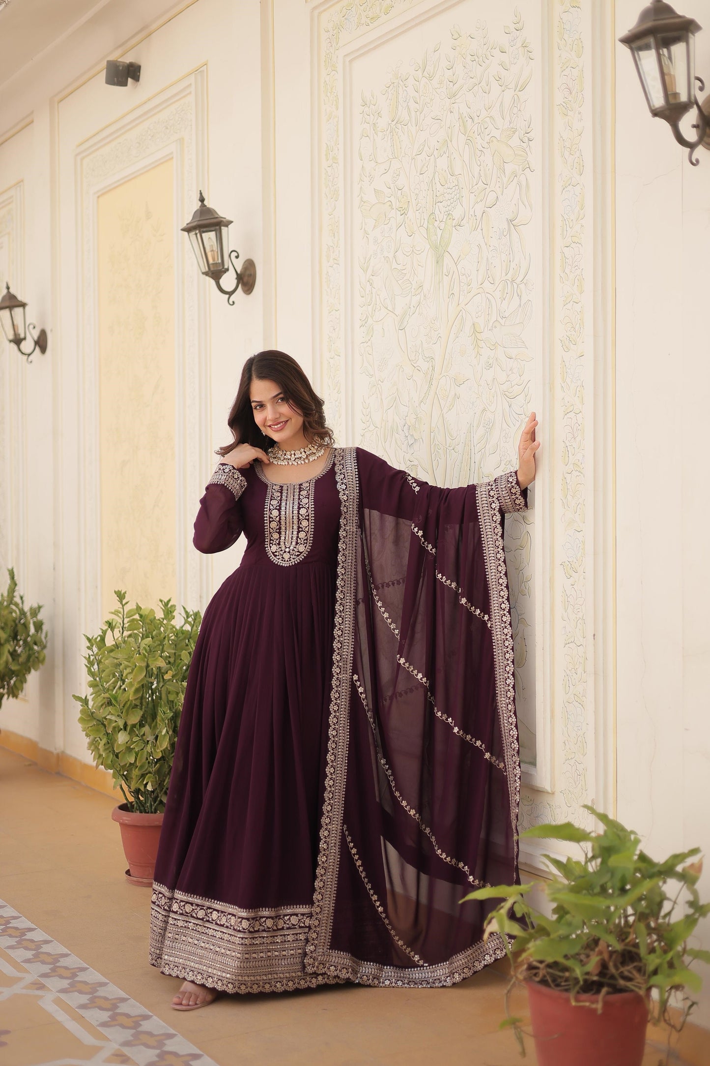 Ravishing Embroidered Work Maroon, Wine & Pink Color Gown