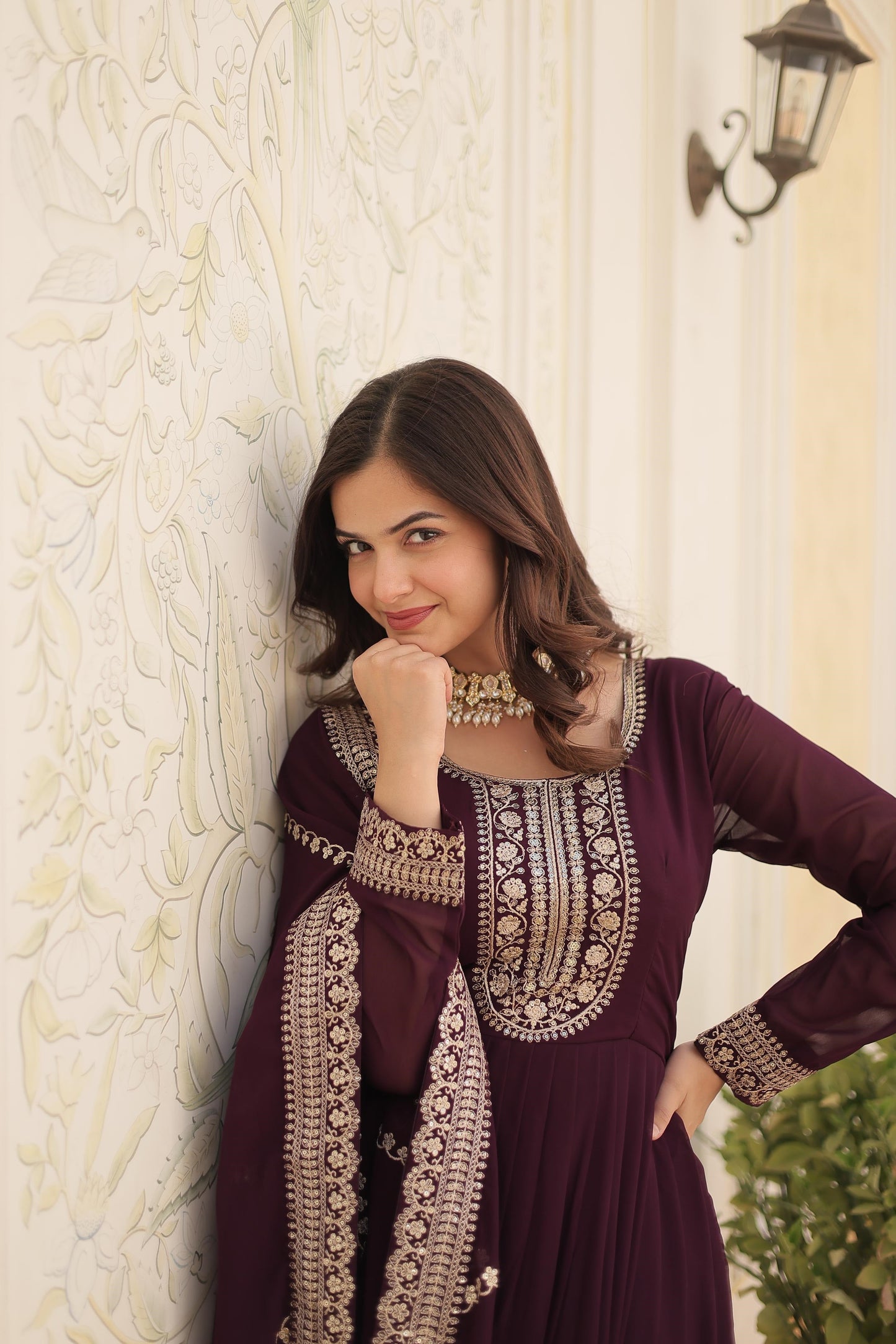 Ravishing Embroidered Work Maroon, Wine & Pink Color Gown