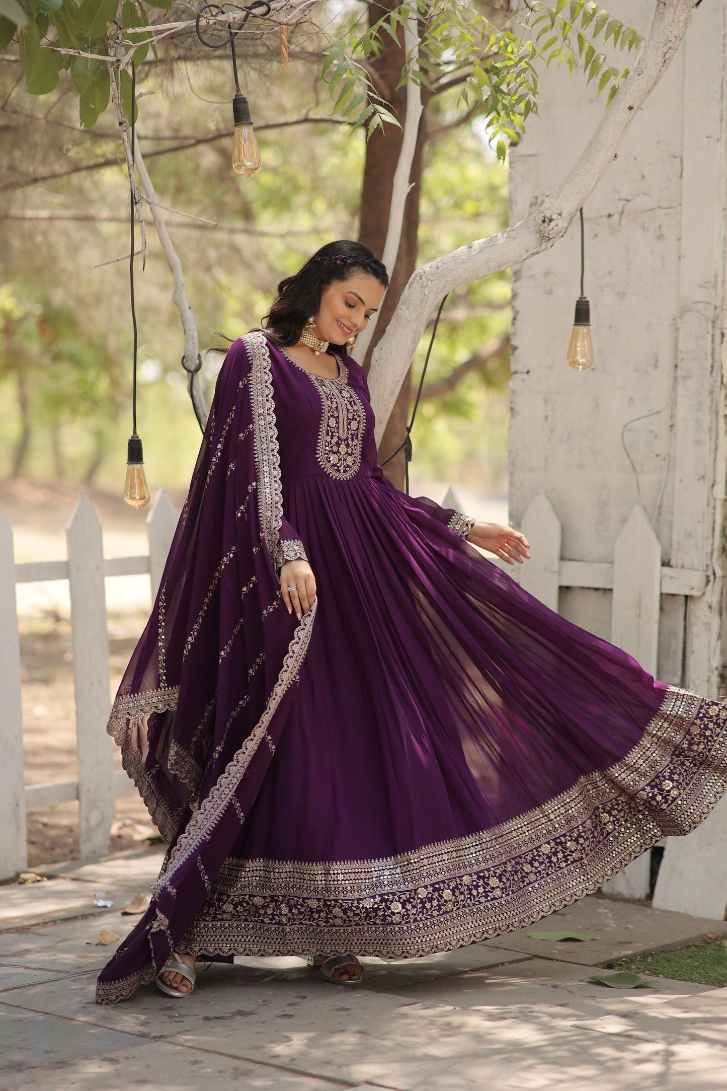 Ravishing Embroidered Work Black & Purple Color Gown