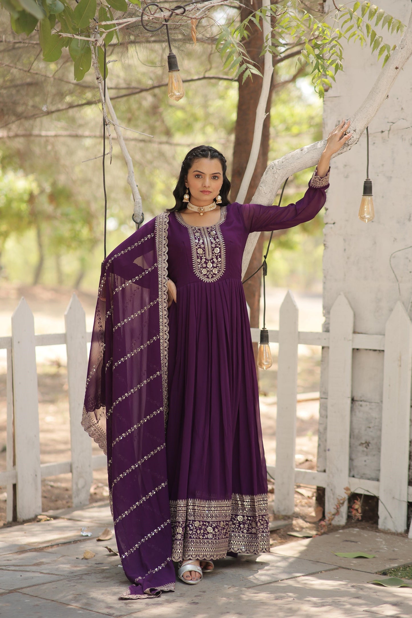 Ravishing Embroidered Work Black & Purple Color Gown