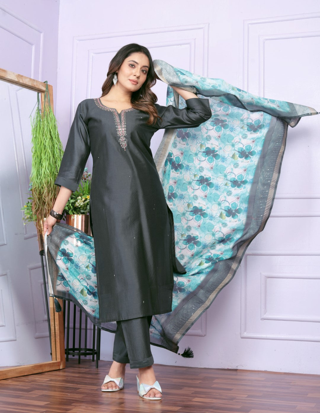Festive Wear Green Color Silk Denting Hand Work Kurta Set