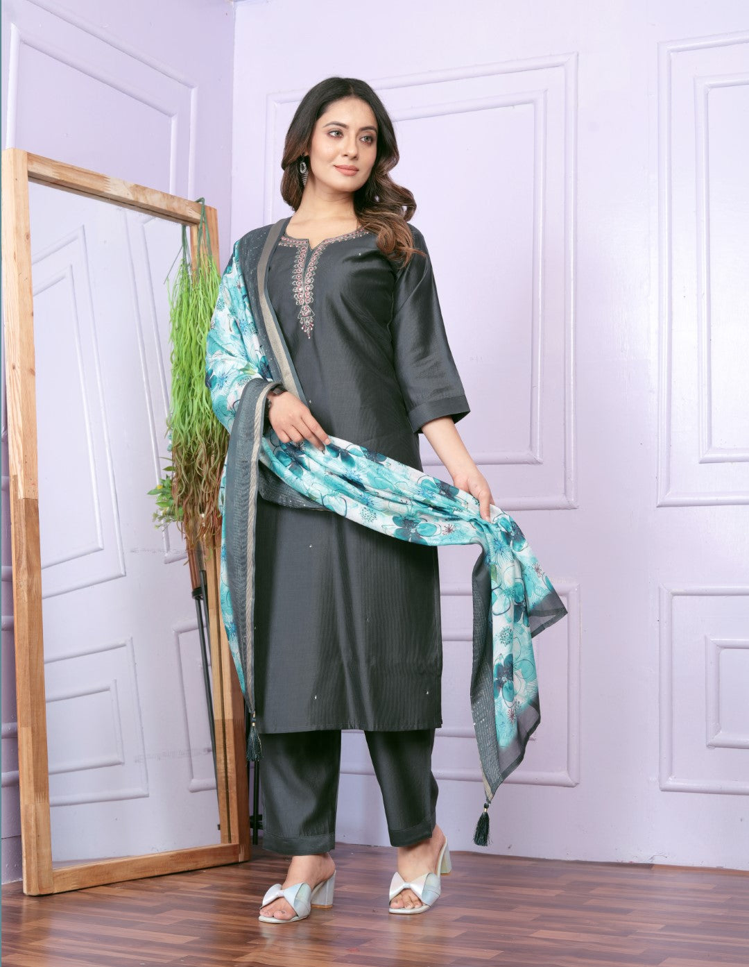 Festive Wear Green Color Silk Denting Hand Work Kurta Set