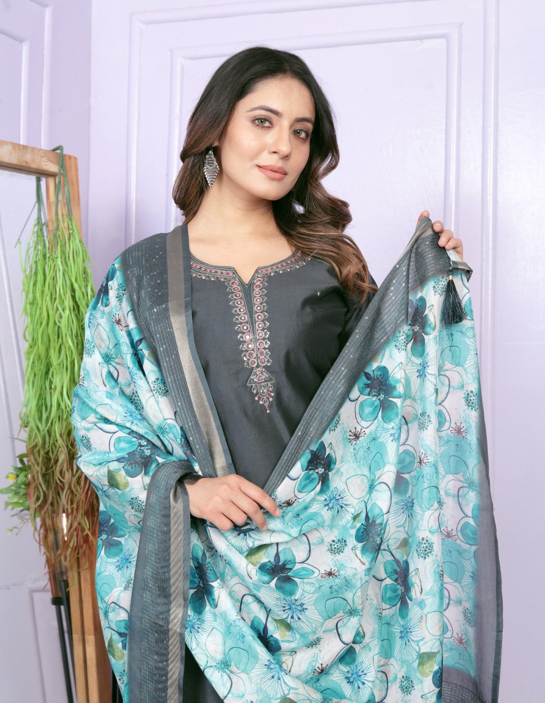Festive Wear Green Color Silk Denting Hand Work Kurta Set