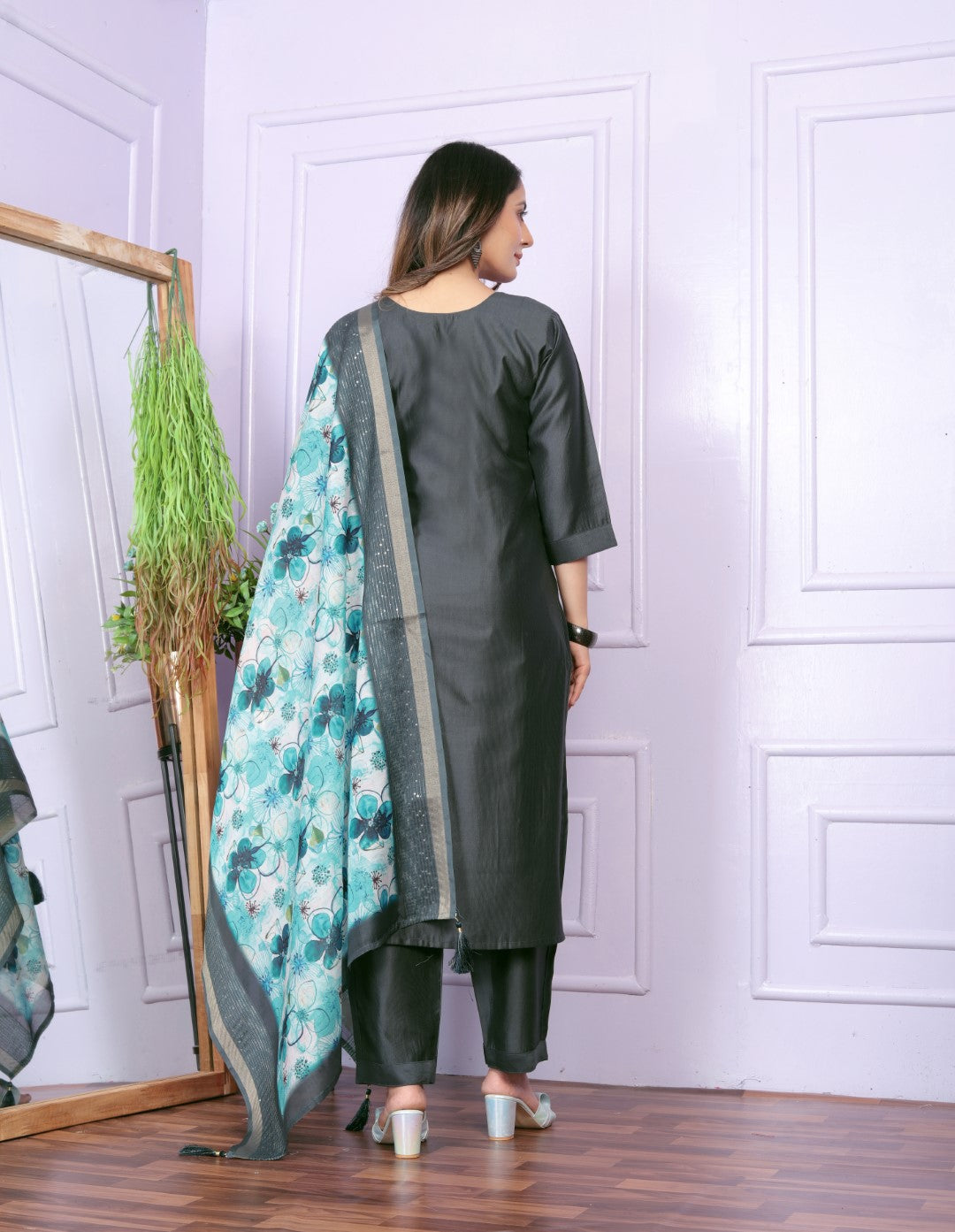 Festive Wear Green Color Silk Denting Hand Work Kurta Set