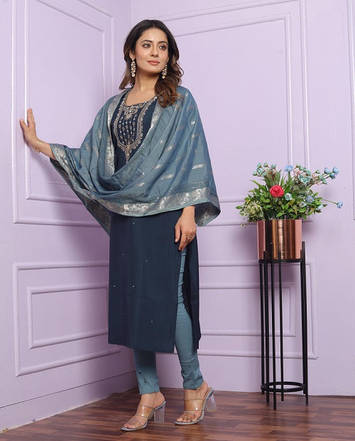 Opulent Rusian Silk Round Neck Blue Color Kurta Set