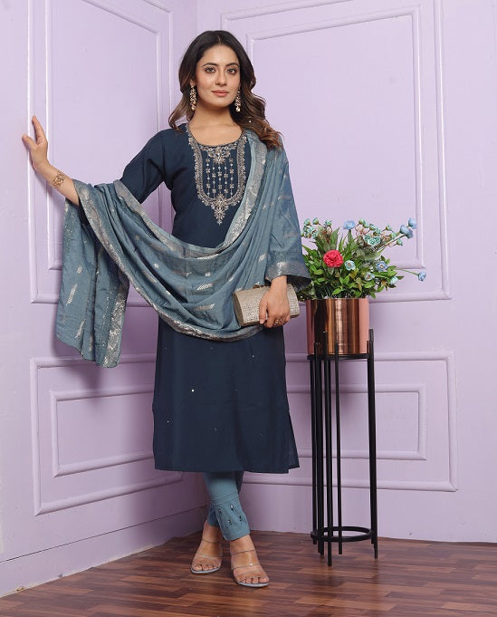 Opulent Rusian Silk Round Neck Blue Color Kurta Set