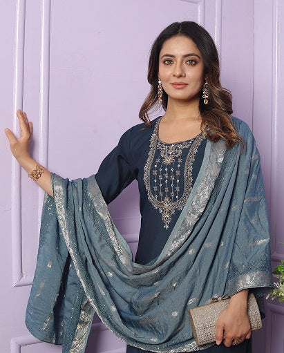Opulent Rusian Silk Round Neck Blue Color Kurta Set