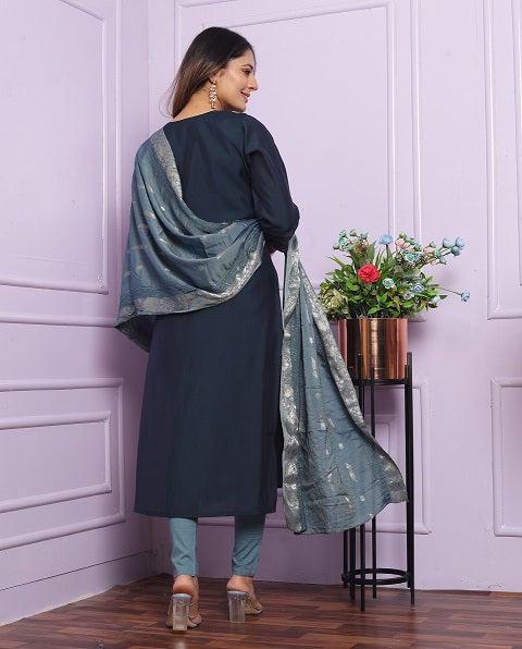Opulent Rusian Silk Round Neck Blue Color Kurta Set