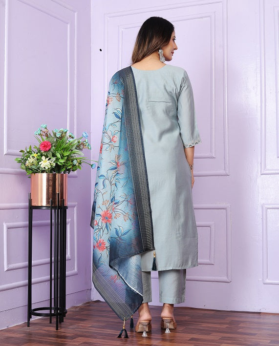 Unique V Neck Sky Blue Color Straight Kurta With Pent