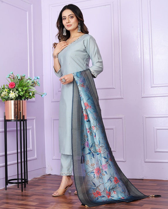 Unique V Neck Sky Blue Color Straight Kurta With Pent