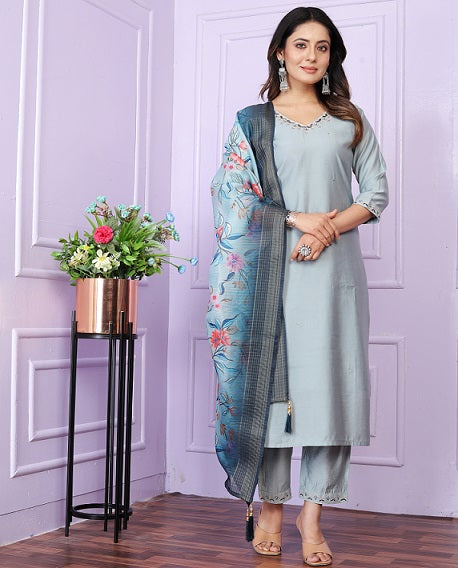 Unique V Neck Sky Blue Color Straight Kurta With Pent