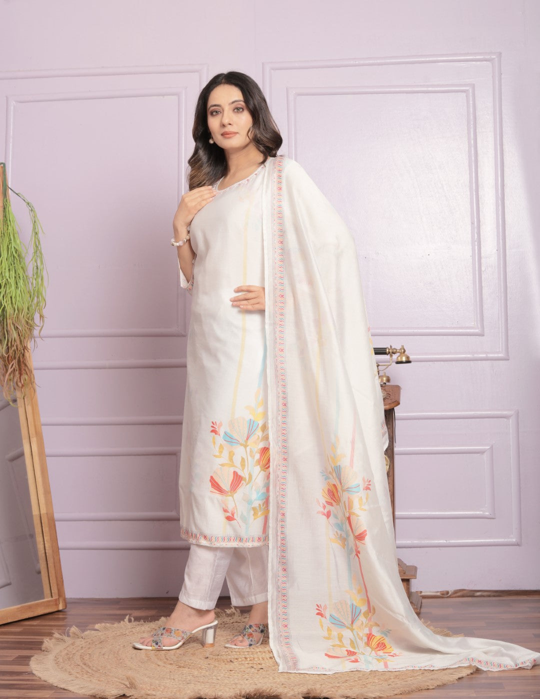 Function Wear Modal Silk White Printed Color Kurta With Pent