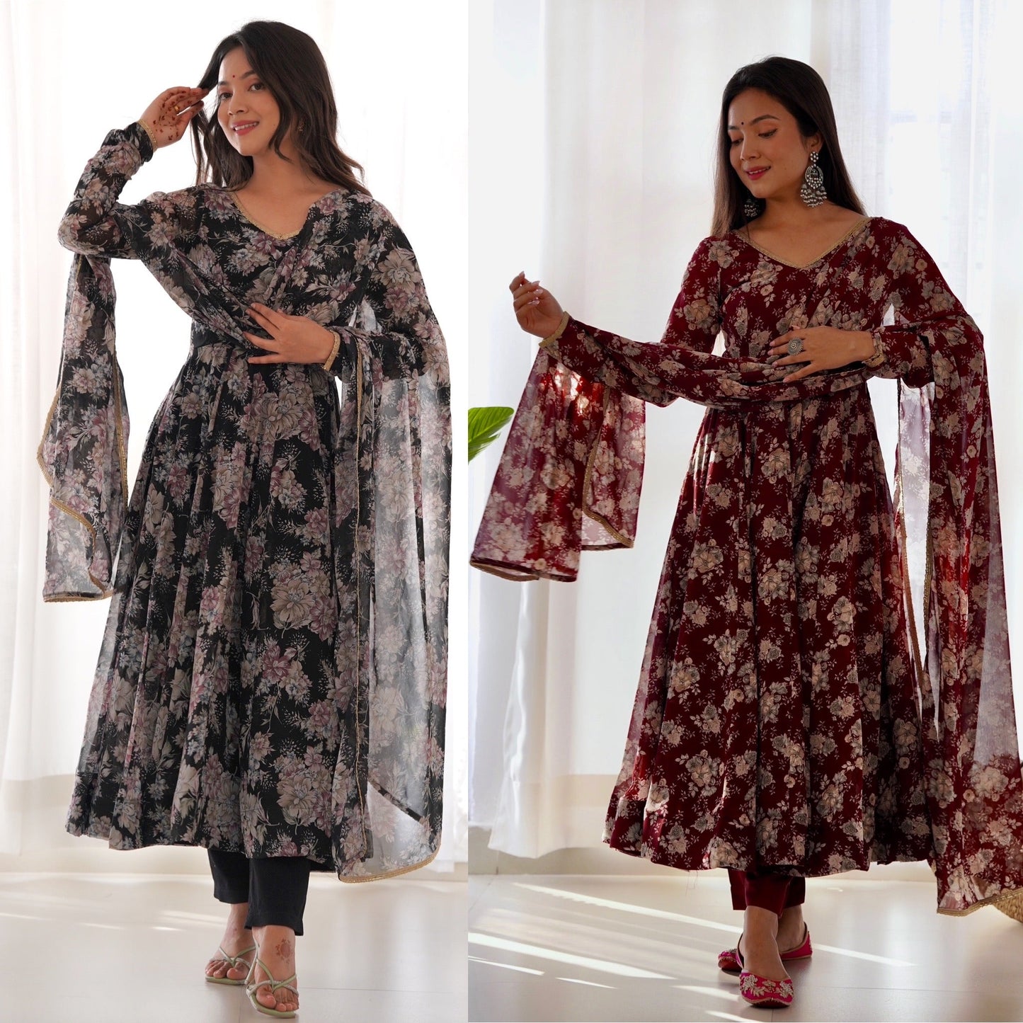 Presenting V Neck Black And Maroon Color Anarkali Suit