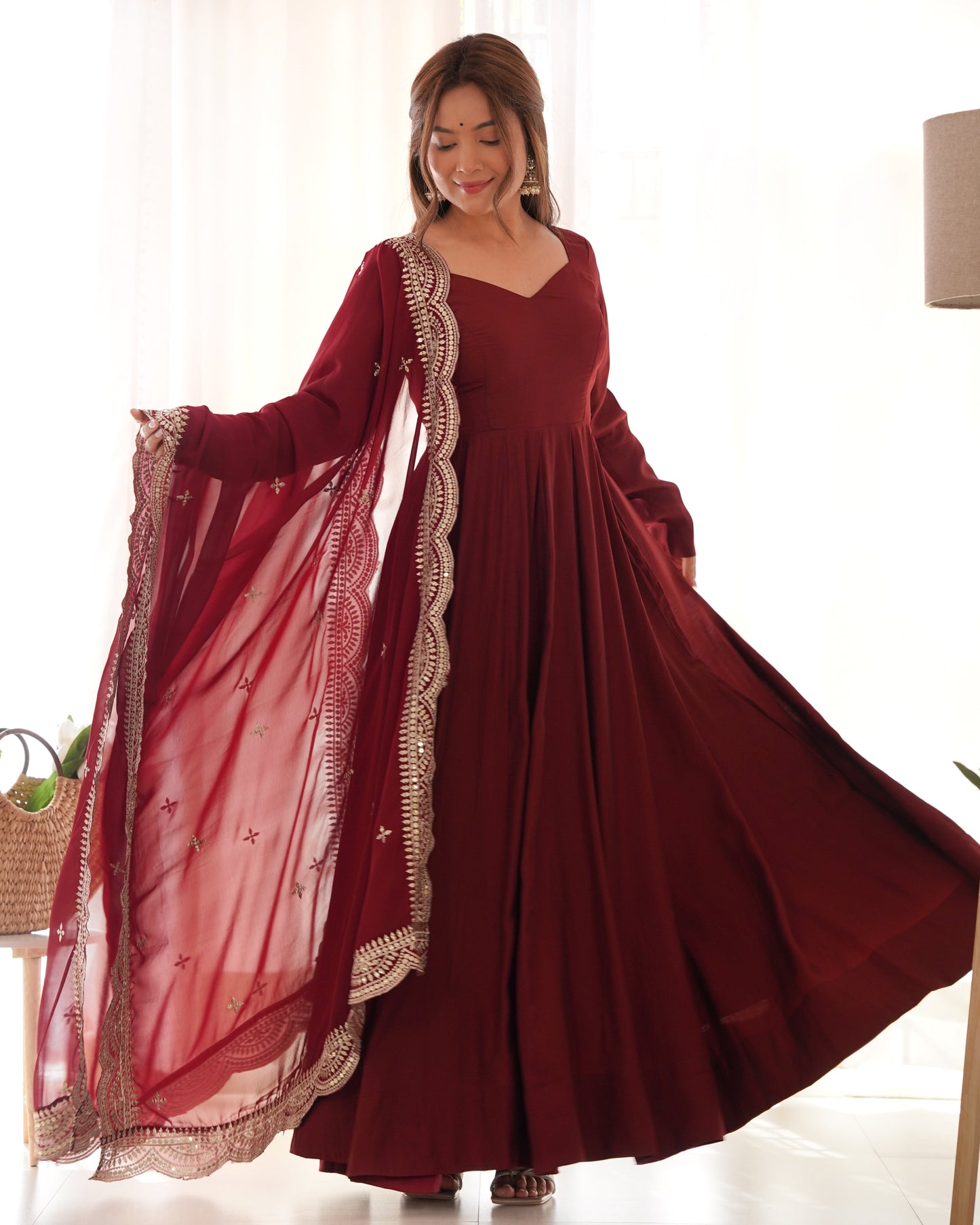 Decent Wine And Mustard Roman Silk Anarkali Gown