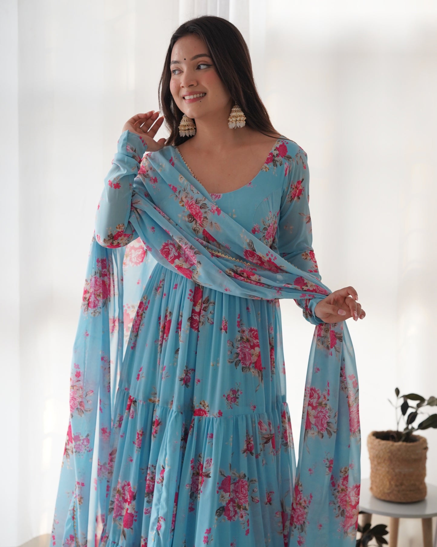 Function Wear Georgette Sky Blue Color Anarkali Gown