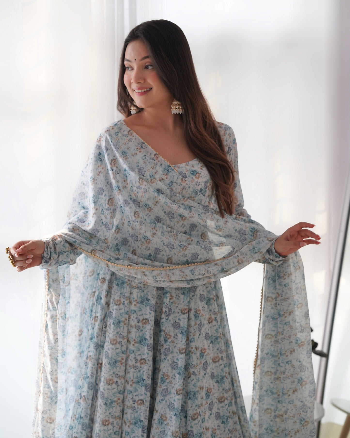 Unique Chiffon Floral Print Sky Blue And Pink Color Anarkali Suit