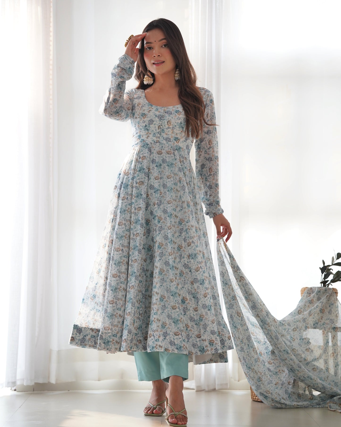 Unique Chiffon Floral Print Sky Blue And Pink Color Anarkali Suit
