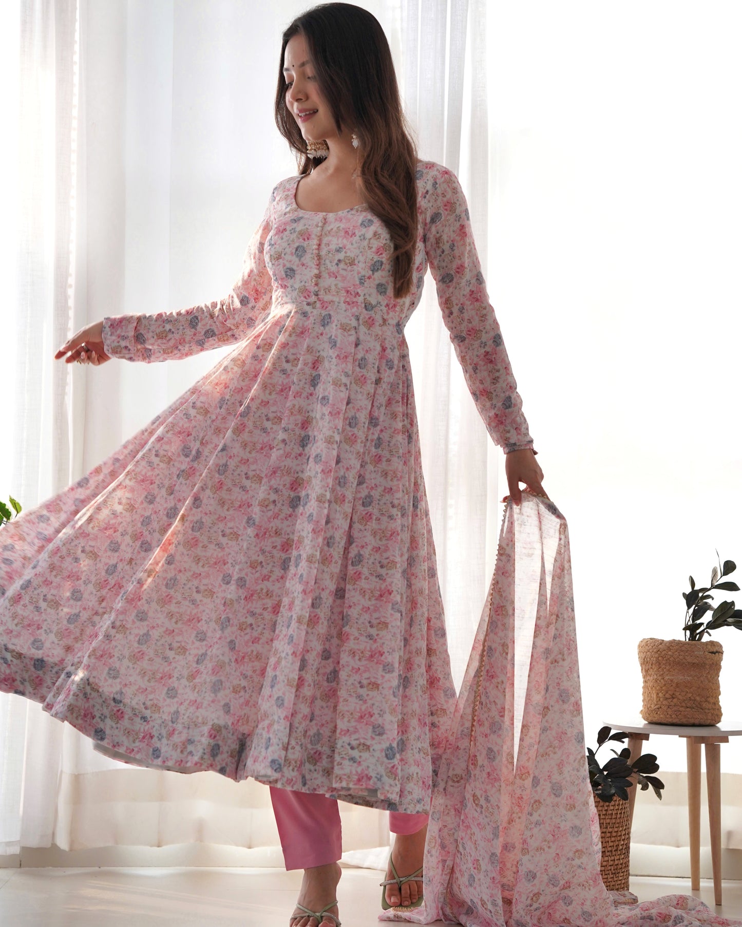 Unique Chiffon Floral Print Sky Blue And Pink Color Anarkali Suit