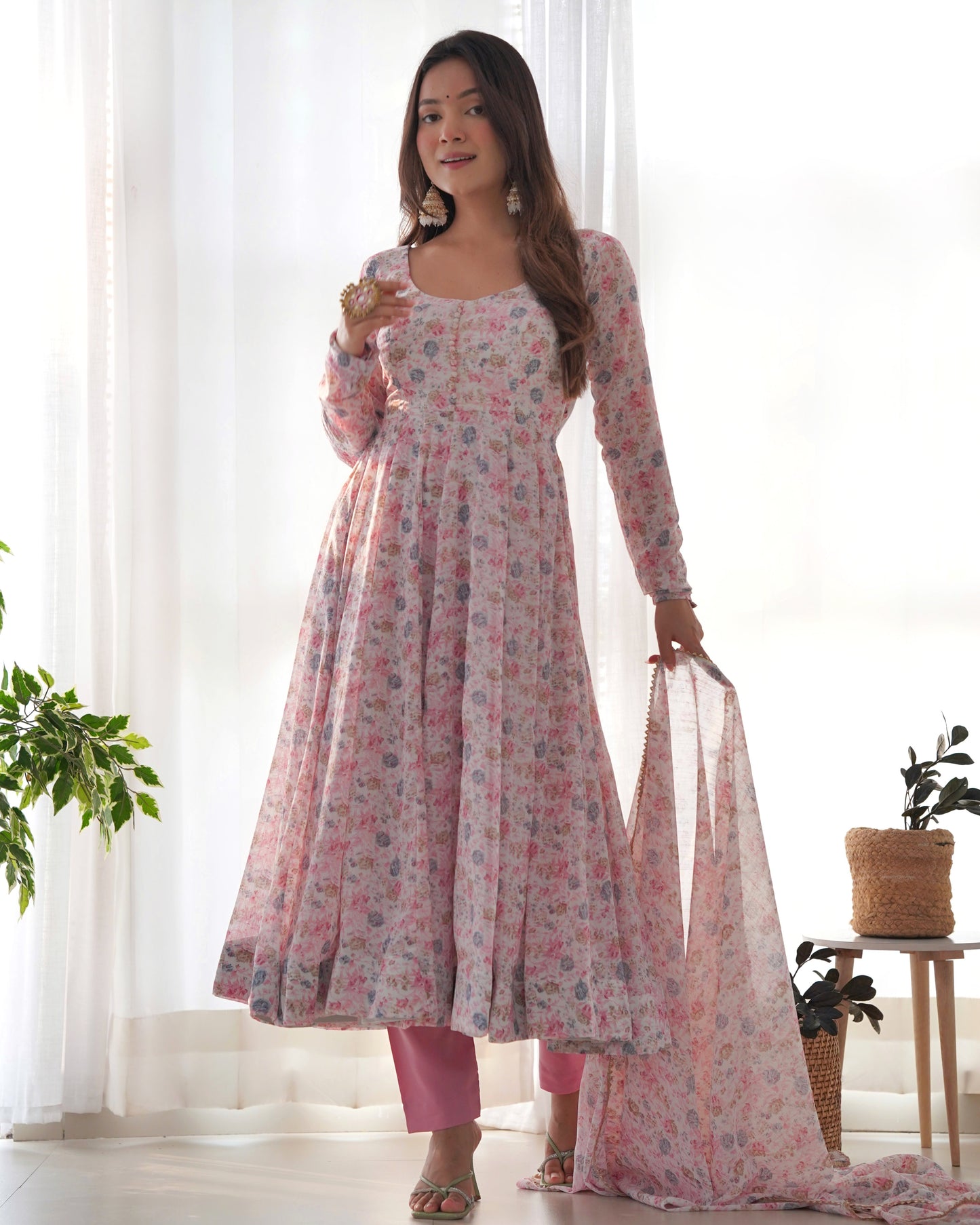 Unique Chiffon Floral Print Sky Blue And Pink Color Anarkali Suit