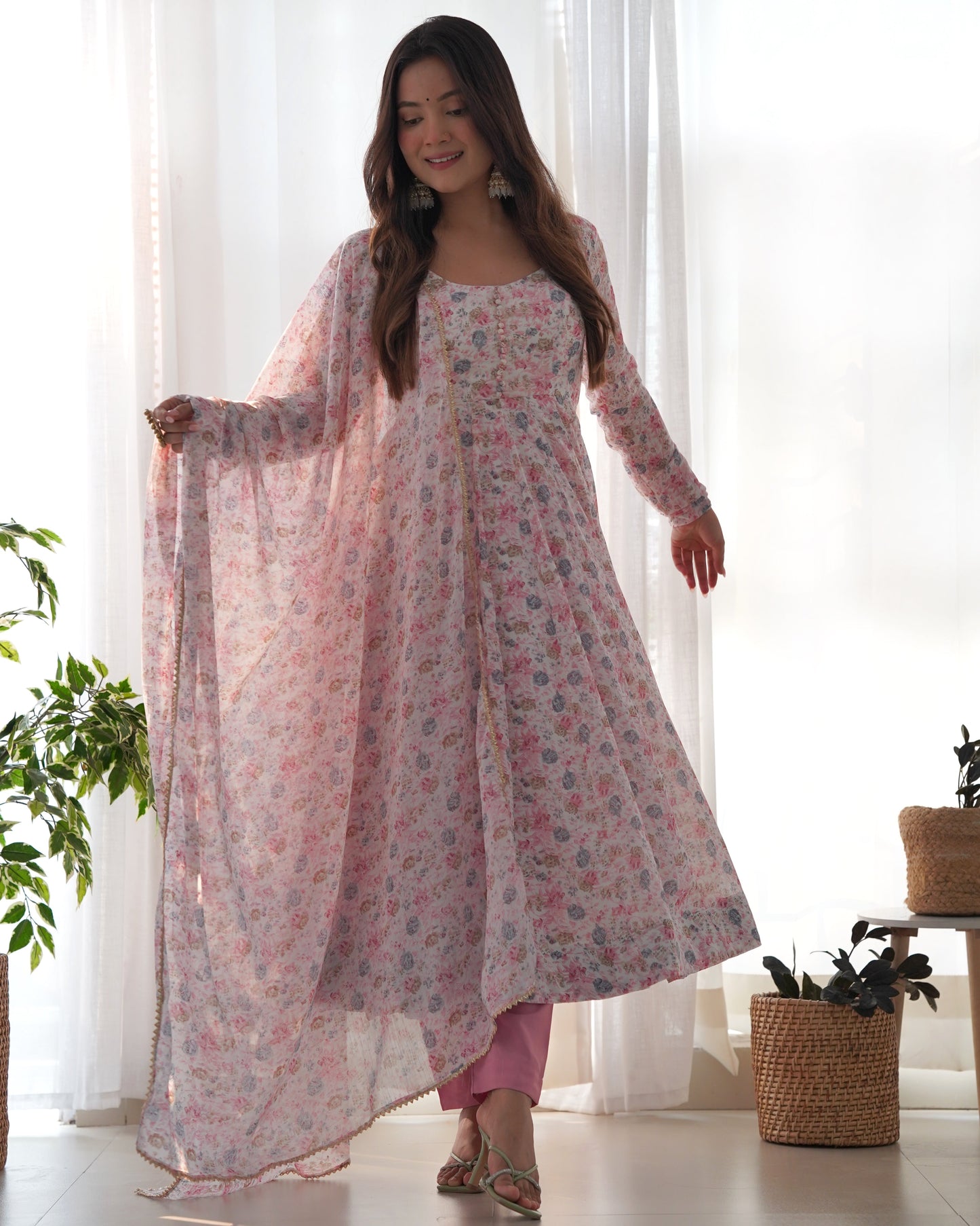 Unique Chiffon Floral Print Sky Blue And Pink Color Anarkali Suit