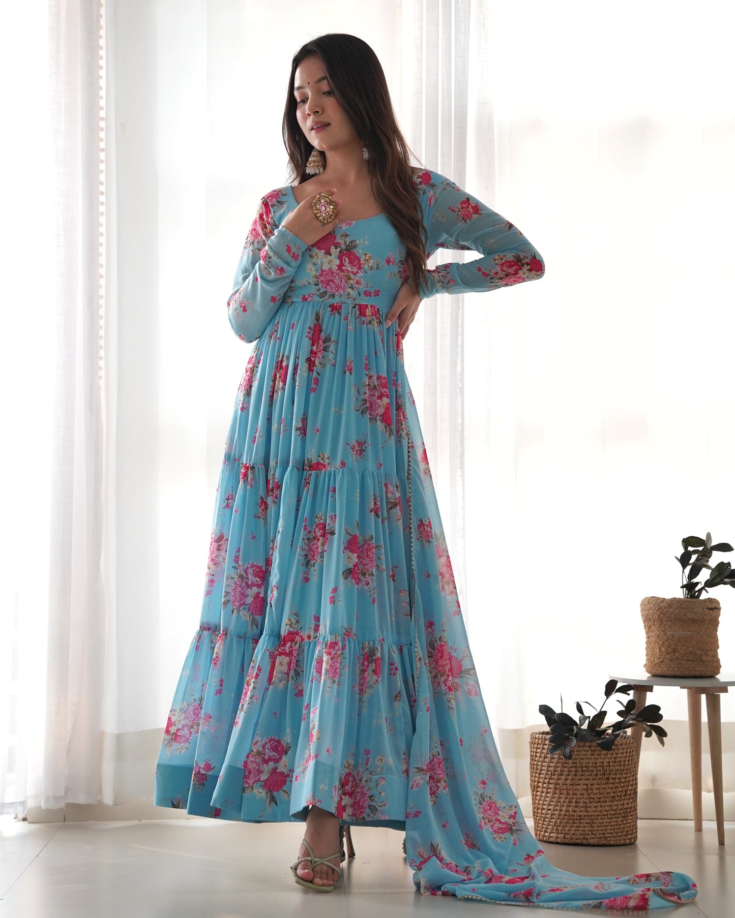 Function Wear Georgette Sky Blue Color Anarkali Gown