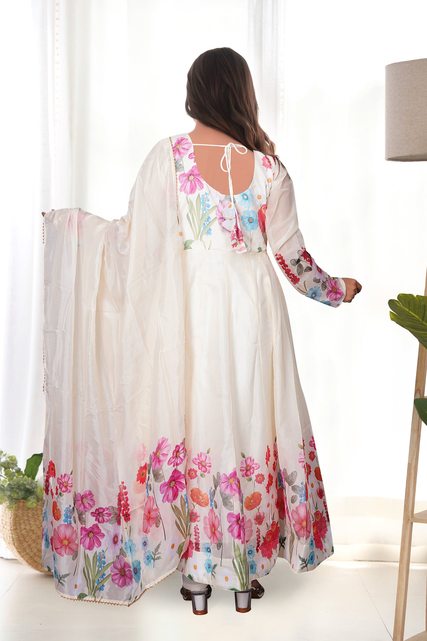 Glorious Mehndi, Black And Cream Organza Silk Print Anarkali Gown