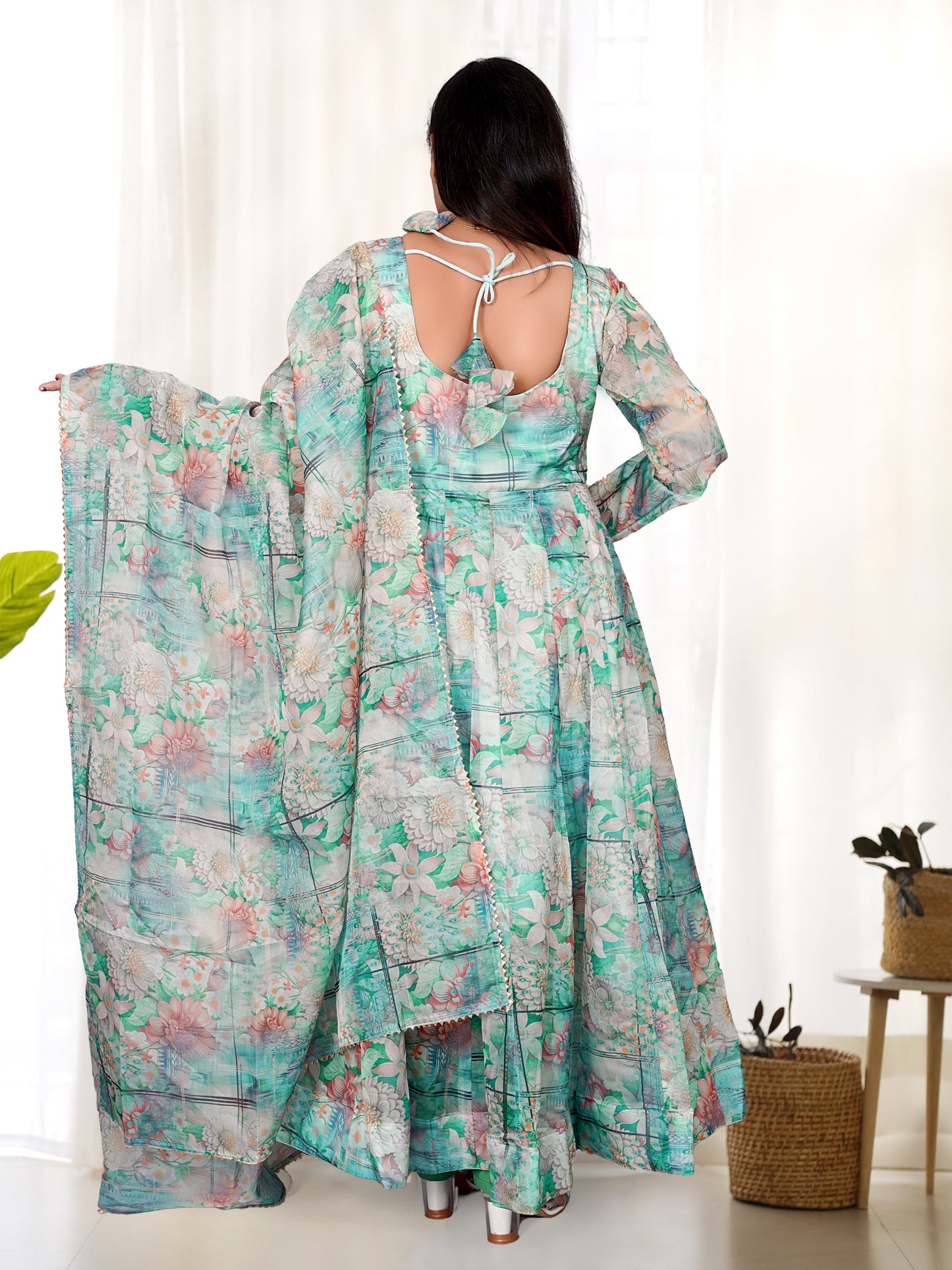 Graceful Sky Blue Organza Print Round Neck Anarkali Suit