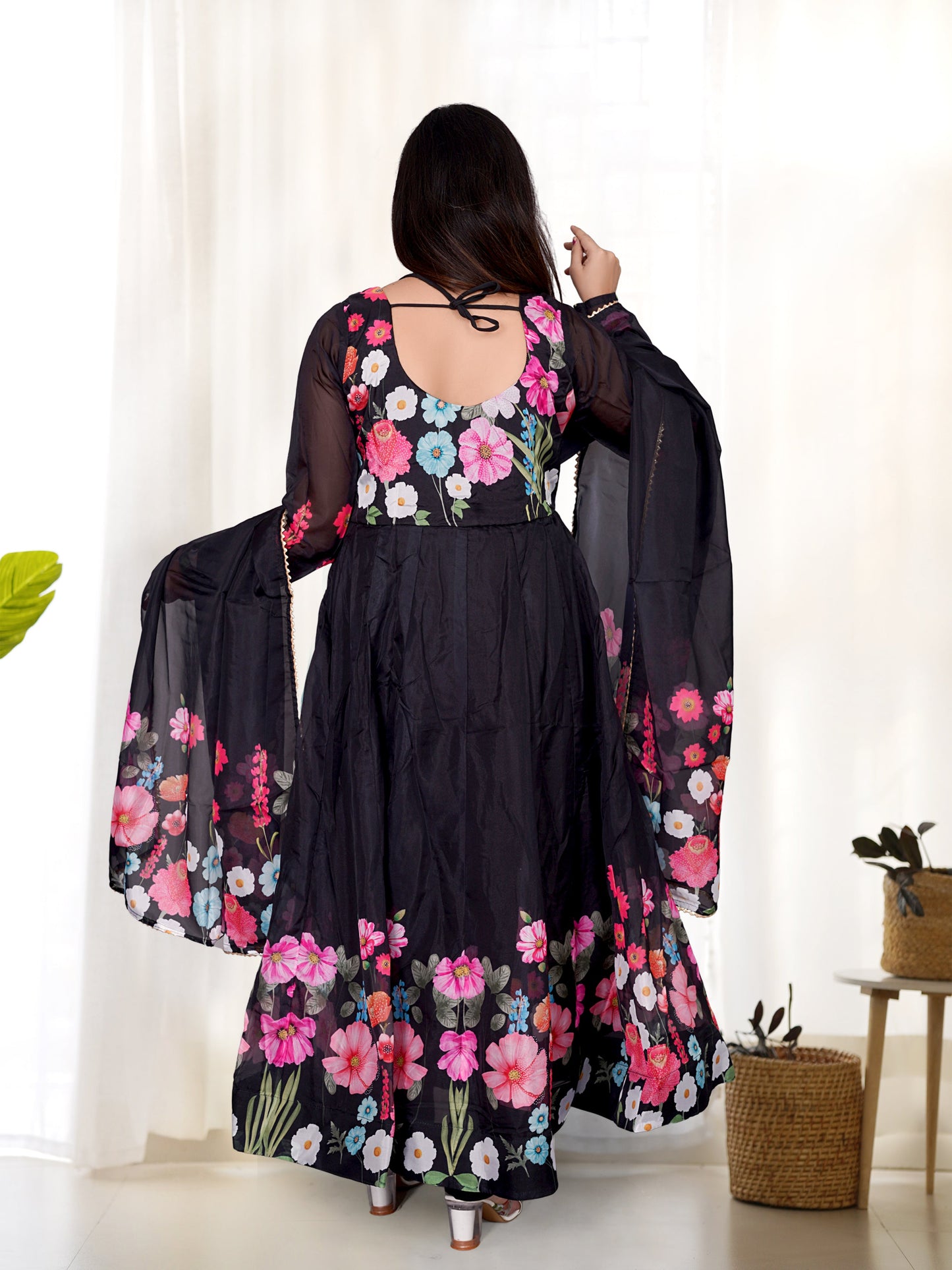 Glorious Mehndi, Black And Cream Organza Silk Print Anarkali Gown