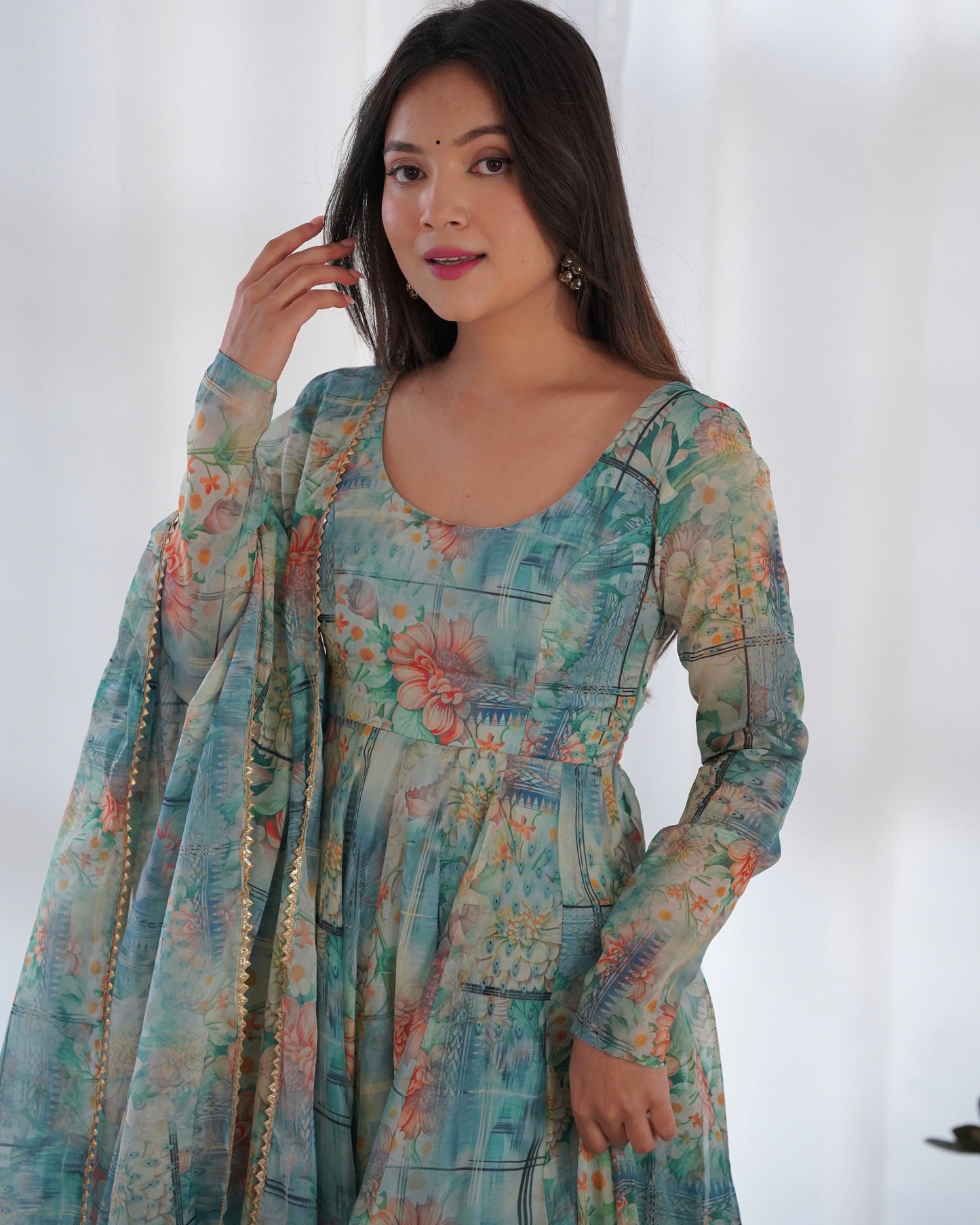 Graceful Sky Blue Organza Print Round Neck Anarkali Suit