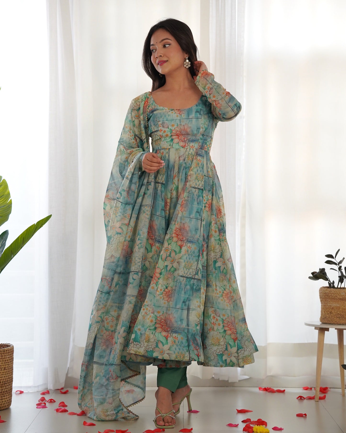 Graceful Sky Blue Organza Print Round Neck Anarkali Suit