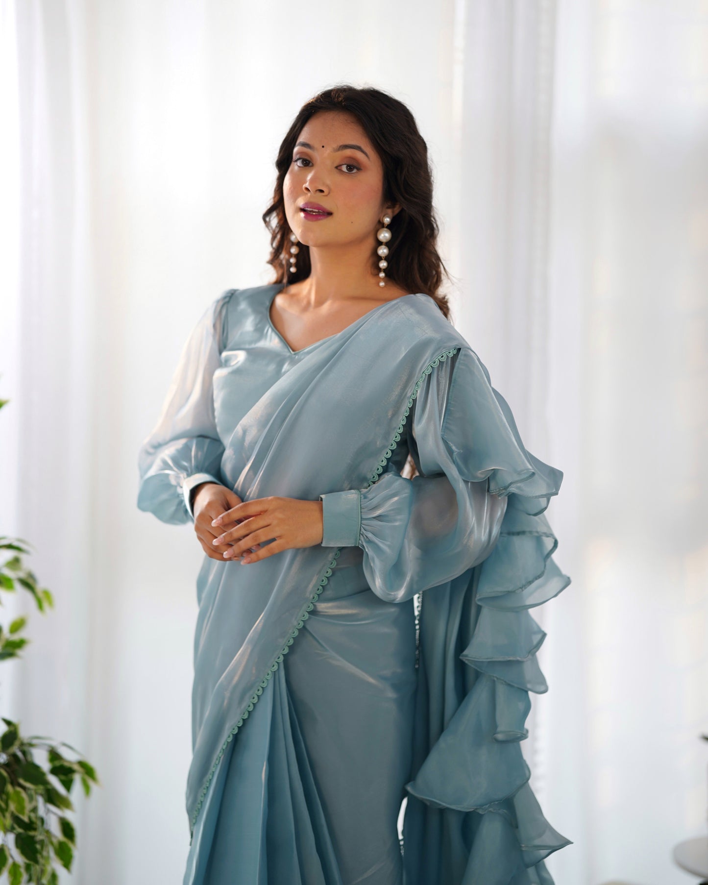 Charming Jimmy Choo Organza Pink And Sky Blue Color Ready To Wear Saree