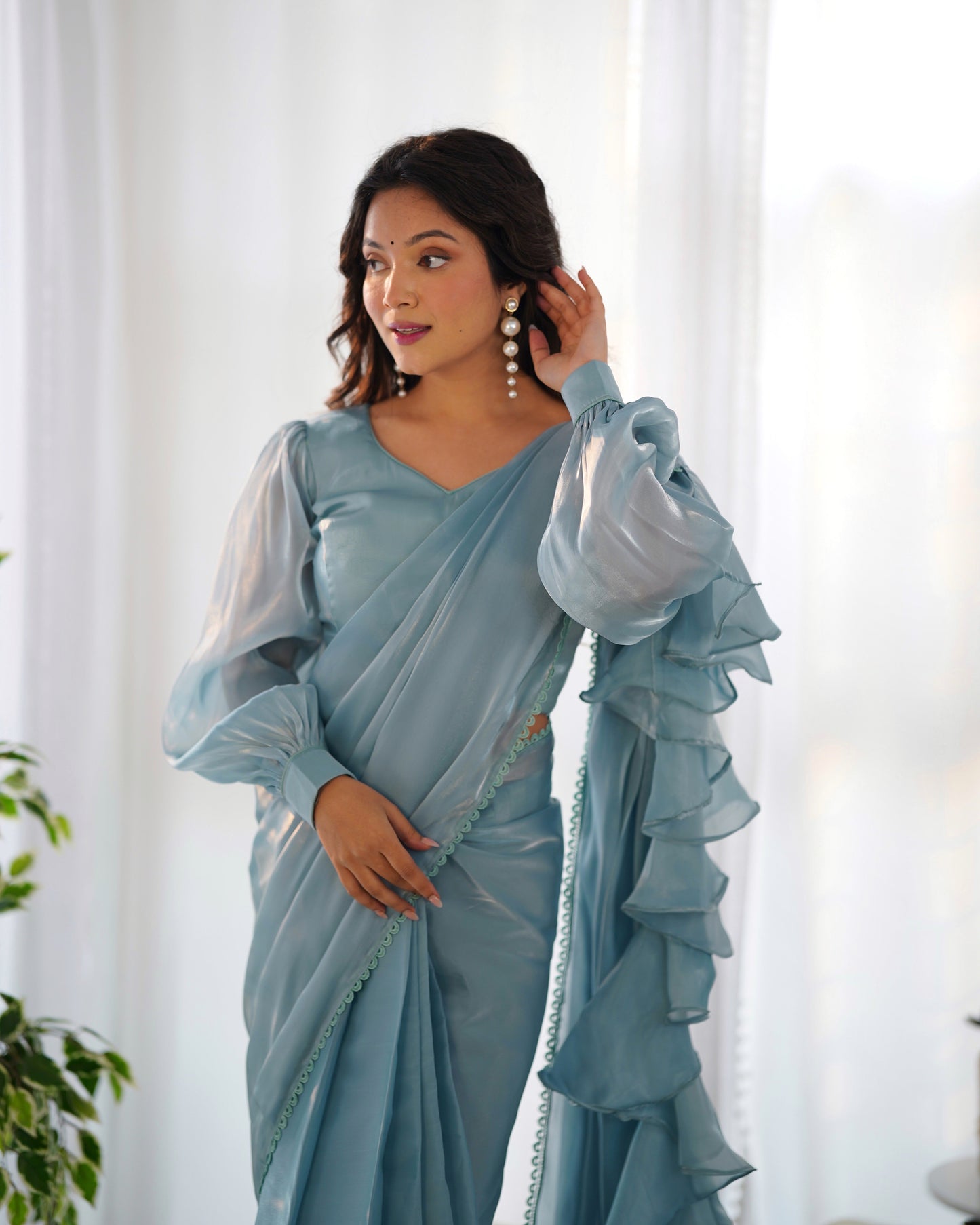 Charming Jimmy Choo Organza Pink And Sky Blue Color Ready To Wear Saree